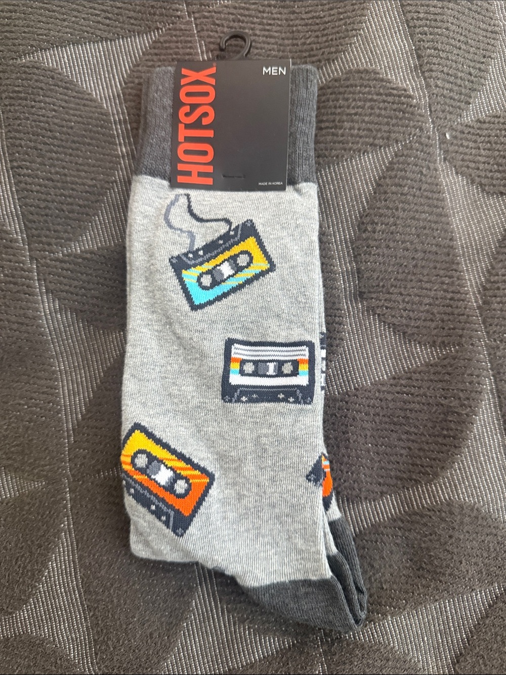 Hot Sox Men’s Gray Socks with Multi-Color Cassette Tape Design